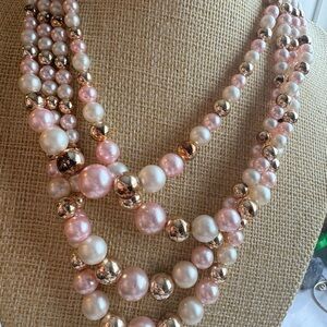 Vintage - Pink Faux Pearl Necklace - Four Strand with Gold and Cream Accents